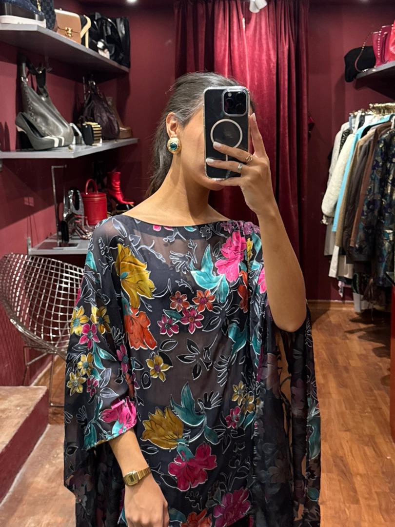 ETRO SHEER SILK FLORAL KAFTAN TOP