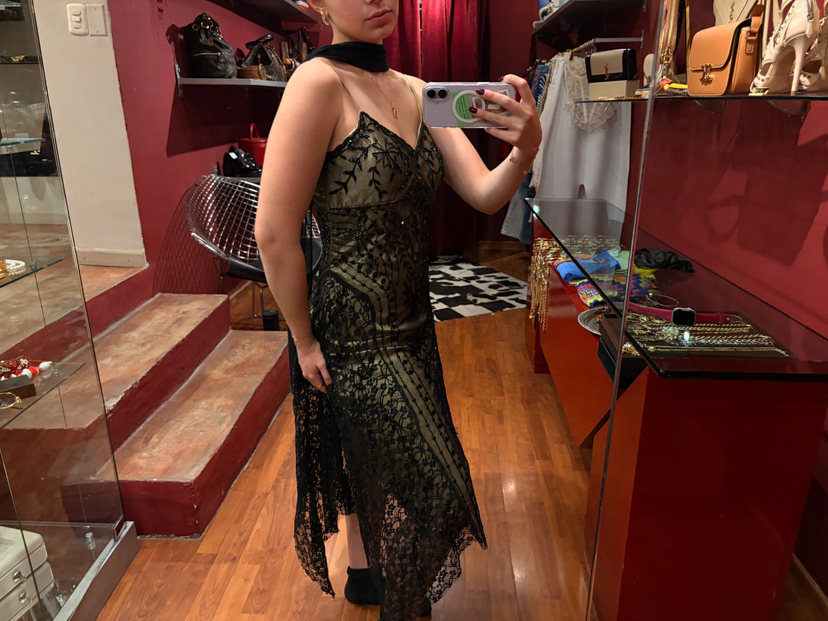 EMBROIDERED BEADS STRAPPY COCKTAIL DRESS