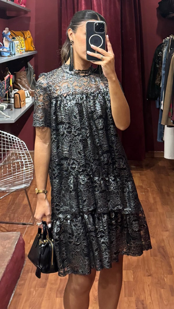 HIGH-NECK BROCARD LACE DRESS