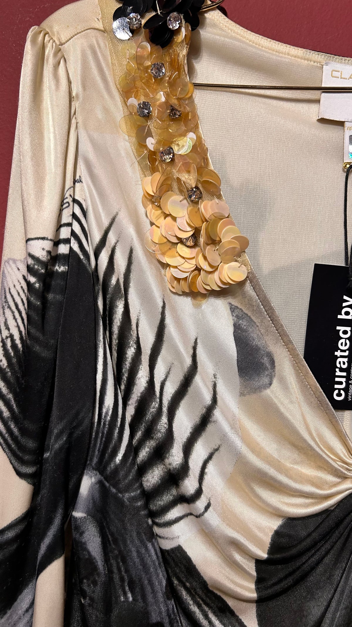 ROBERTO CAVALLI SEQUINS AND FLOWER PRINT V NECK DRESS