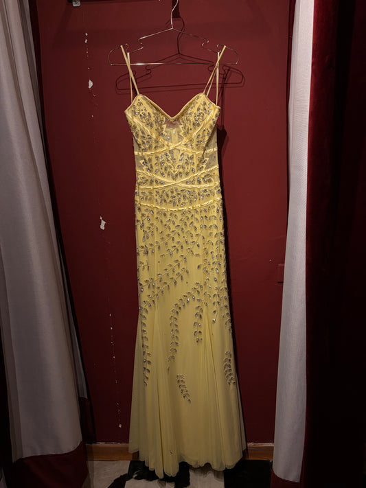 LONG EMBROIDERED AND EMBELLISHED DRESS WITH TRANSPARENCIES AND MRMAID SKIRT