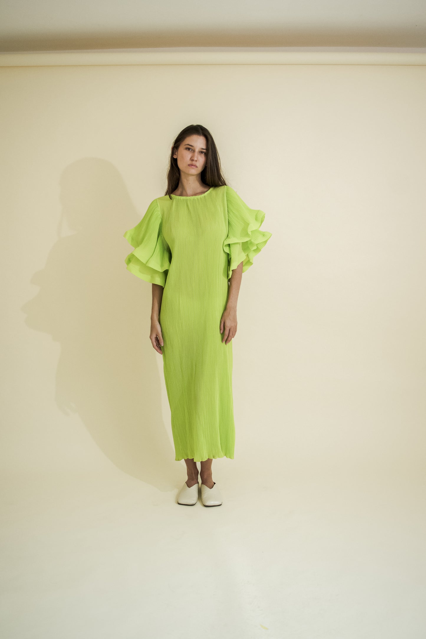 PLEATED & RUFFLED SLEEVES DRESS