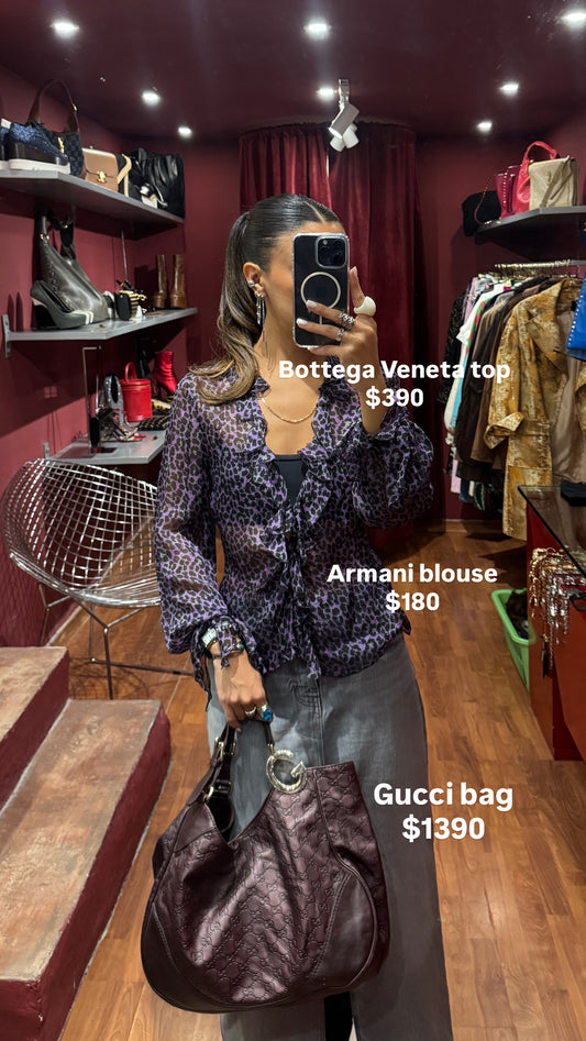ARMANI SILK ANIMAL-PRINT TOP WITH RUFFLE NECKLINE