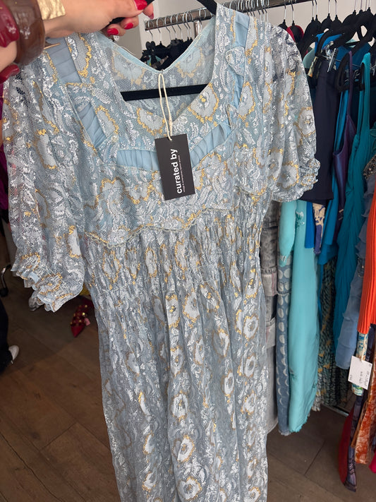17. COLLECTORS ALL OVER LACE BLUE AND GOLD DRESS