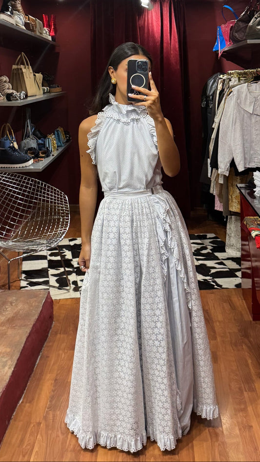 HALTER COTTON DRESS WITH EXTRA FOULARD AND SKIRT IN LACE