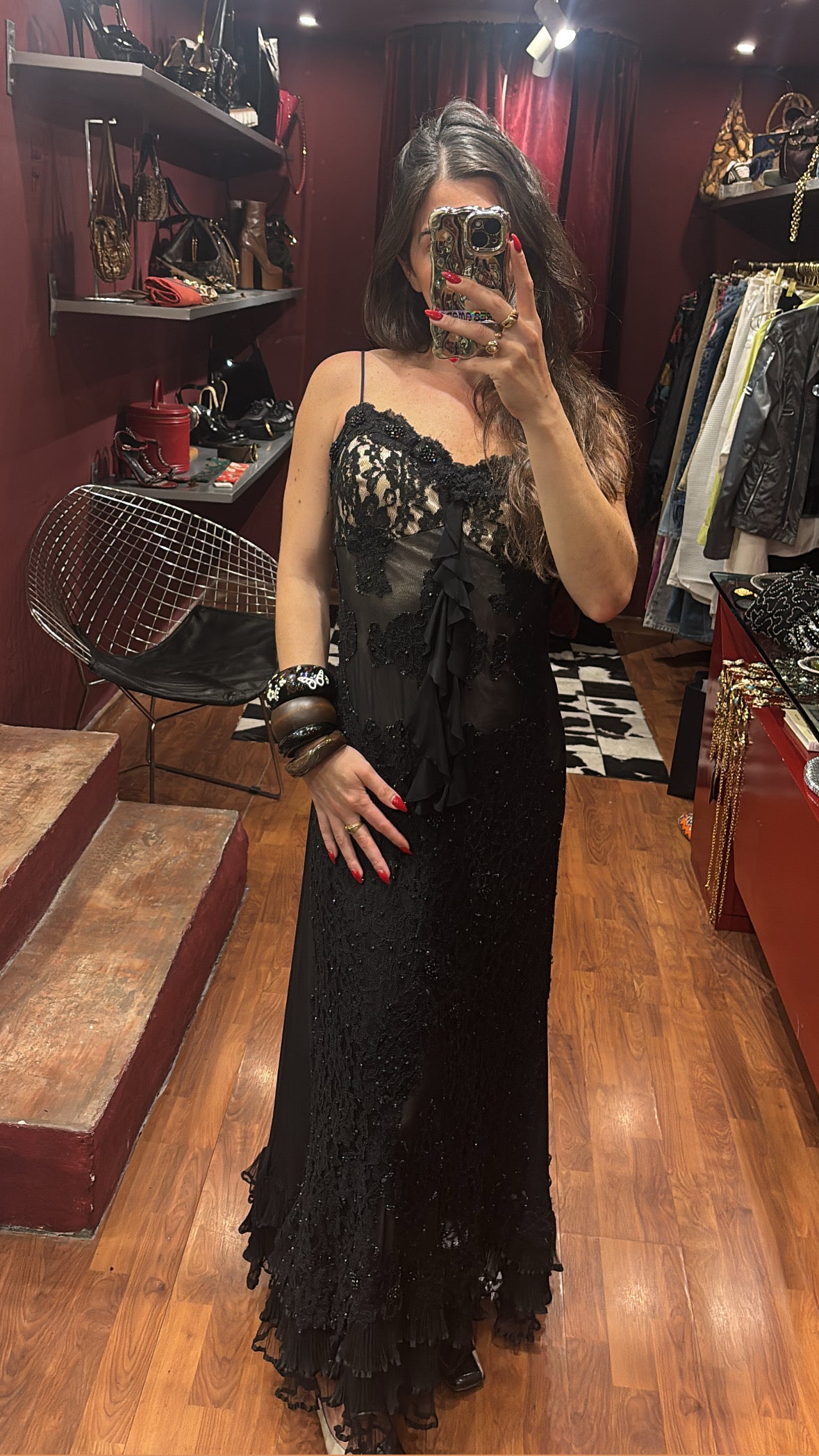 LONG LACE AND SEQUINS DRESS WITH TRANSPARENCY