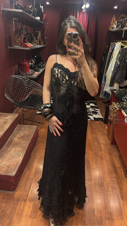 LONG LACE AND SEQUINS DRESS WITH TRANSPARENCY