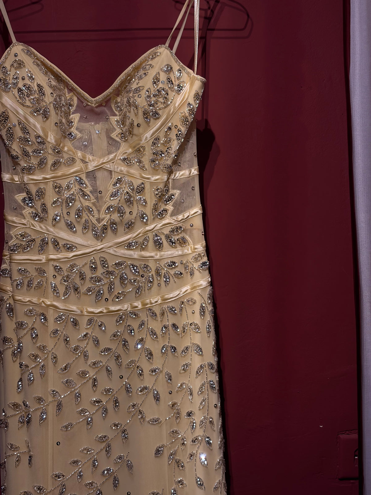 LONG EMBROIDERED AND EMBELLISHED DRESS WITH TRANSPARENCIES AND MRMAID SKIRT