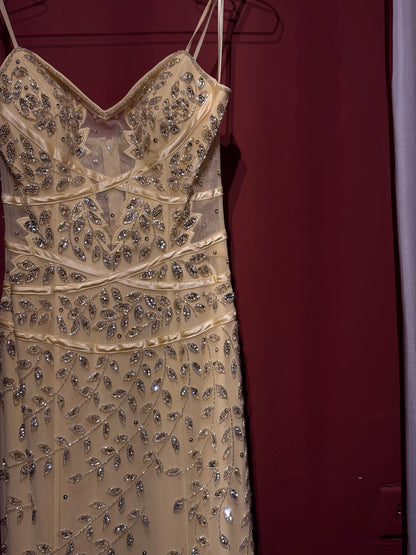 LONG EMBROIDERED AND EMBELLISHED DRESS WITH TRANSPARENCIES AND MRMAID SKIRT