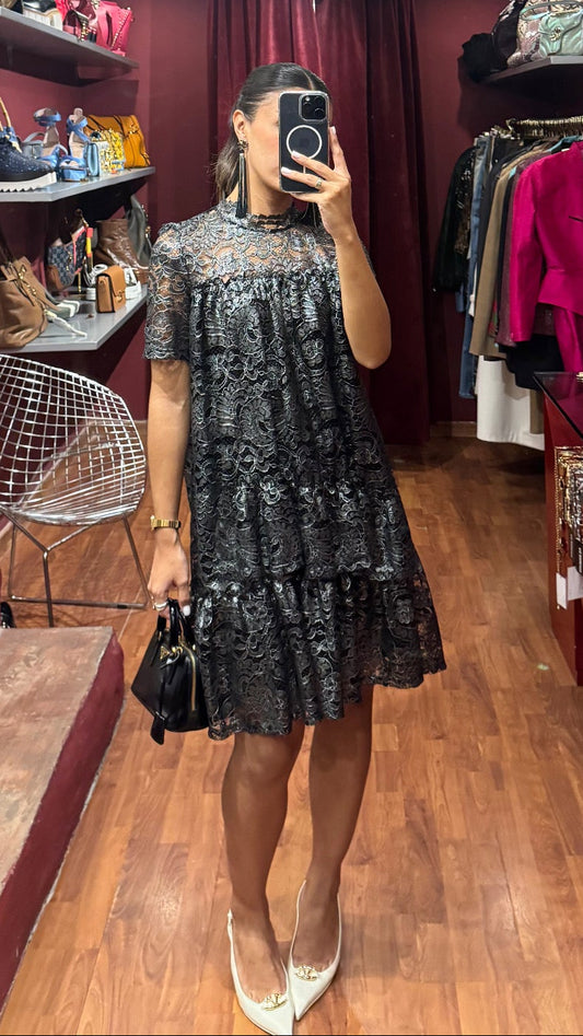 HIGH-NECK BROCARD LACE DRESS