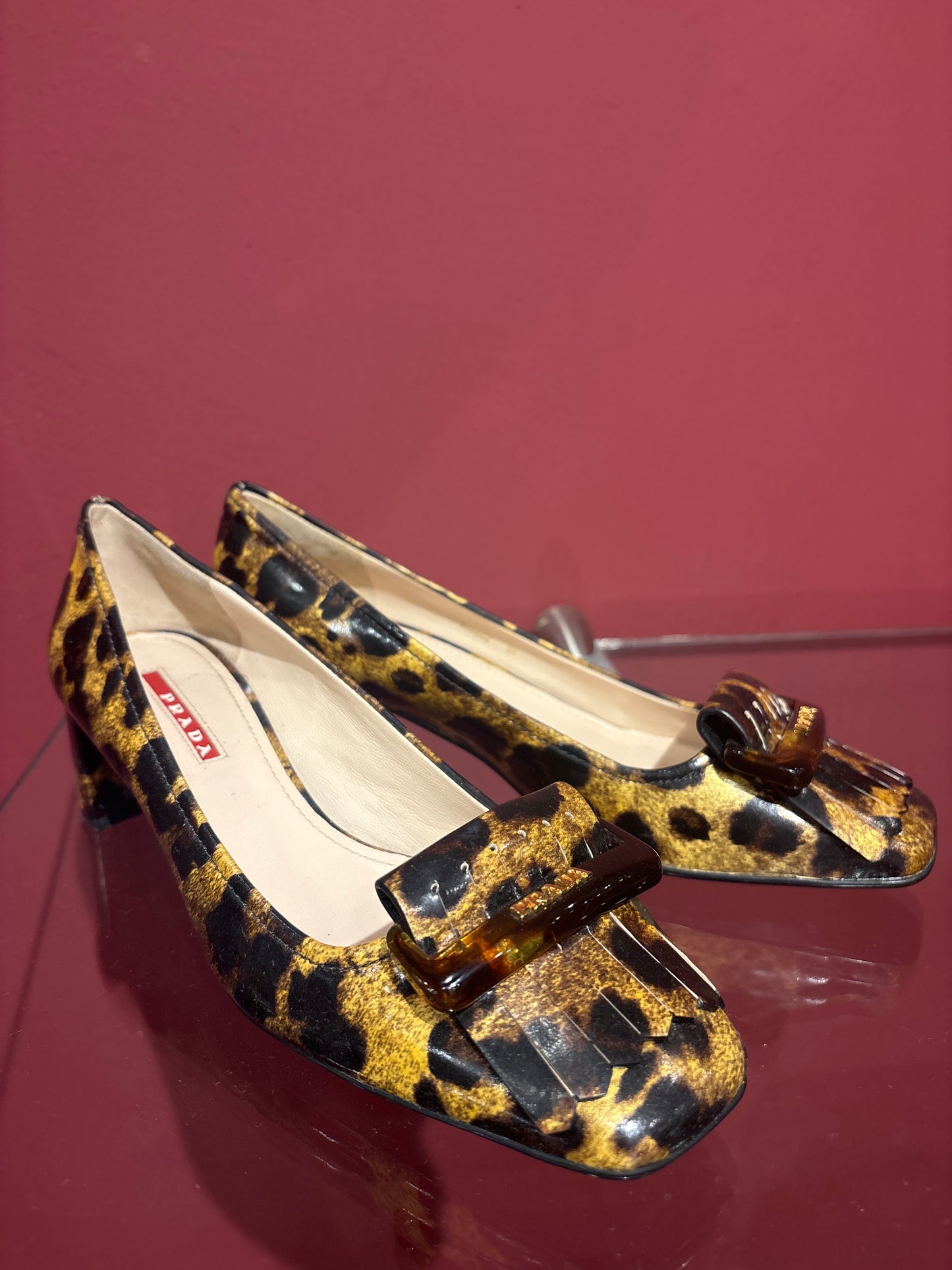 PRADA VINTAGE HEELED ANIMAL PRINT LOAFERS