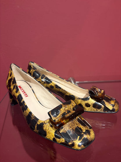 PRADA VINTAGE HEELED ANIMAL PRINT LOAFERS