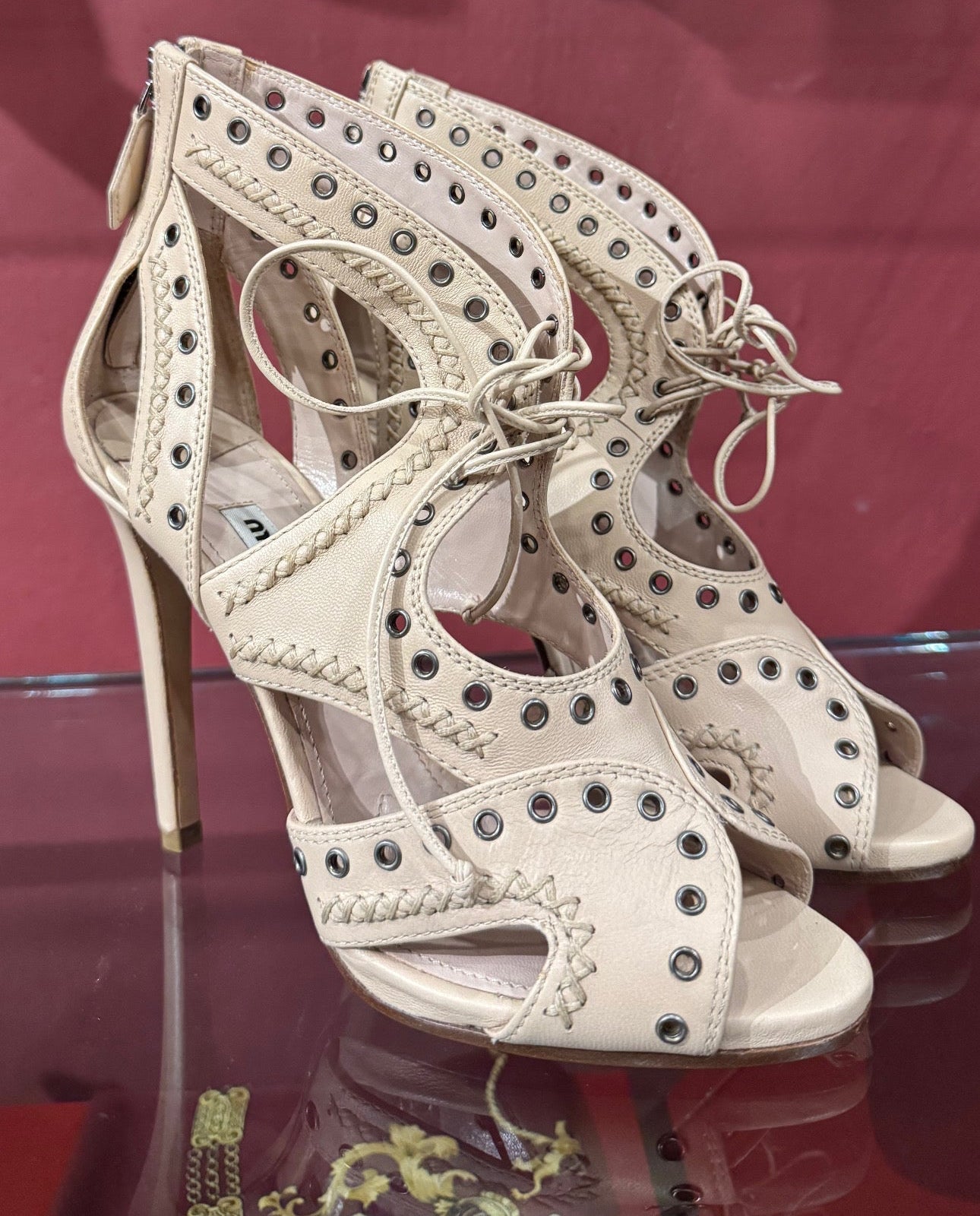 MIU MIU LACE-UP GROMMET SANDALS - SIZE 37