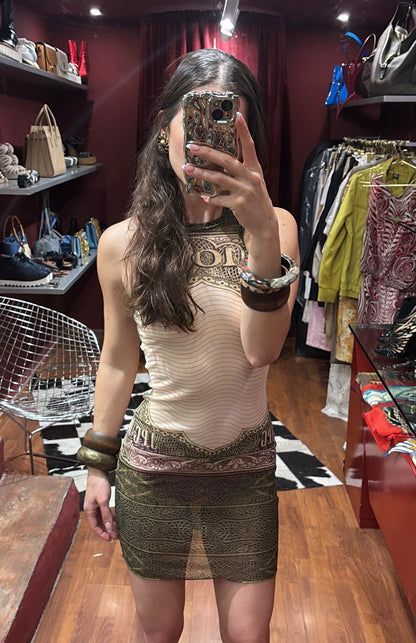 JEAN PAUL GAULTIER MESH MONEY PRINT SHORT DRESS