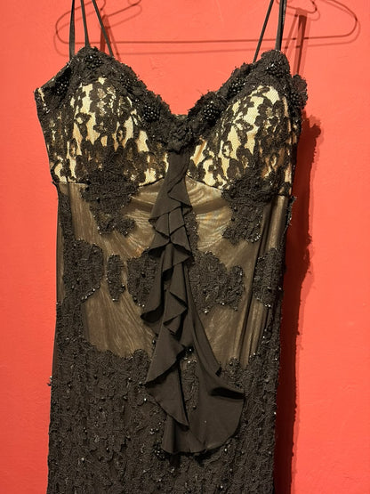 LONG LACE AND SEQUINS DRESS WITH TRANSPARENCY