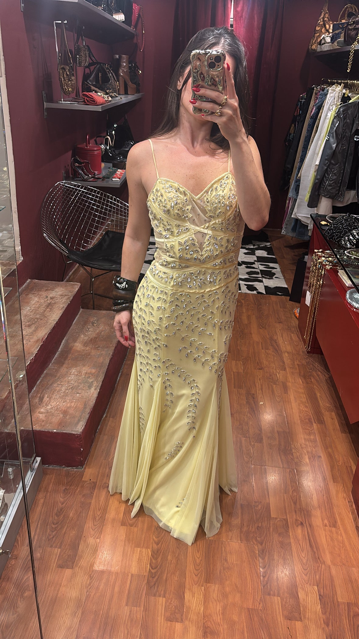 LONG EMBROIDERED AND EMBELLISHED DRESS WITH TRANSPARENCIES AND MRMAID SKIRT