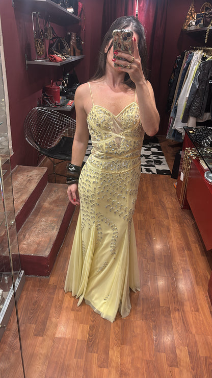 LONG EMBROIDERED AND EMBELLISHED DRESS WITH TRANSPARENCIES AND MRMAID SKIRT