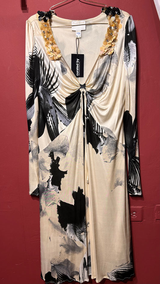 ROBERTO CAVALLI SEQUINS AND FLOWER PRINT V NECK DRESS