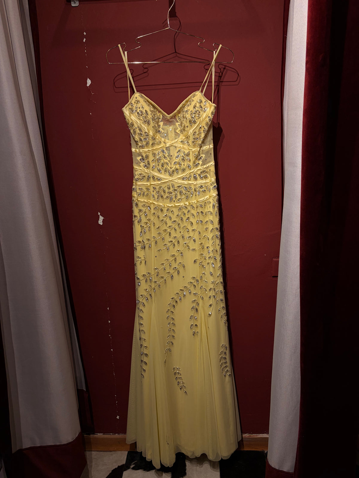 LONG EMBROIDERED AND EMBELLISHED DRESS WITH TRANSPARENCIES AND MRMAID SKIRT