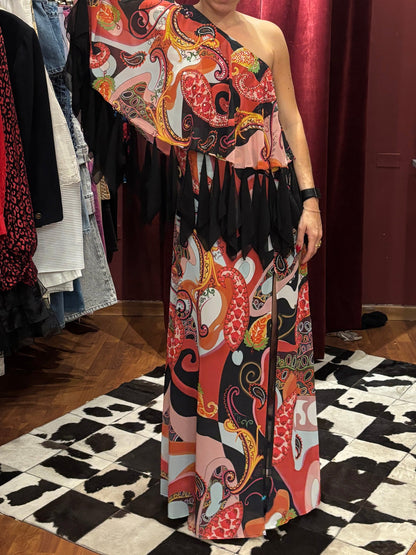 GIA MATTIOLO ASSYMETRIC PRINTED DRESS WITH BLACK FABRICS