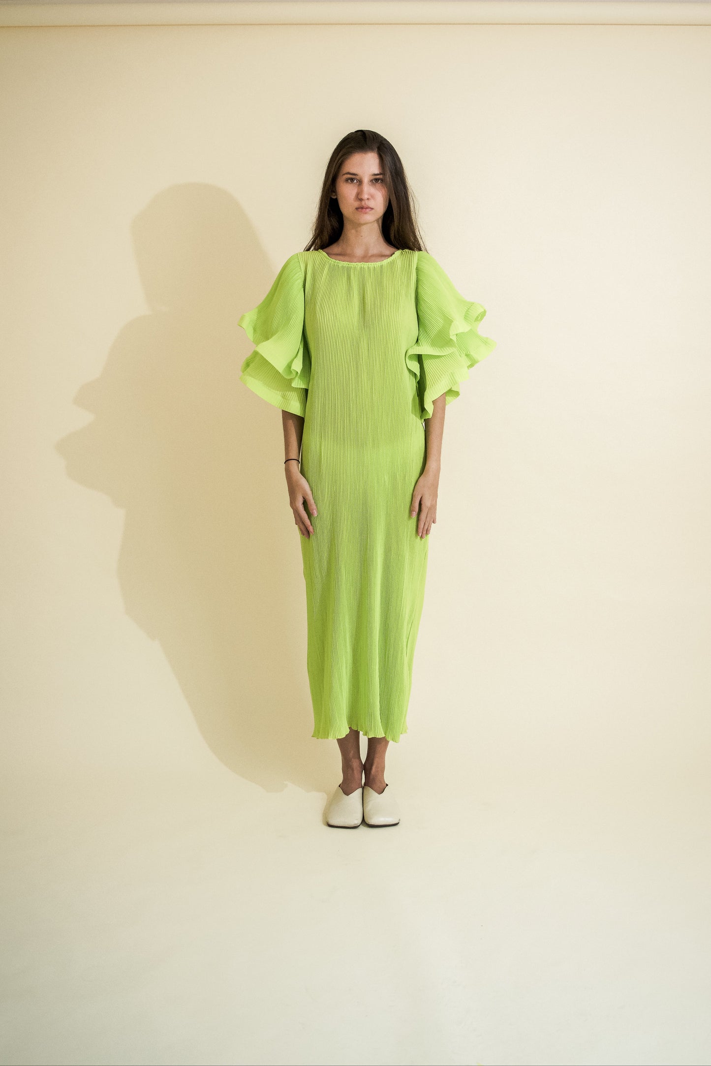 PLEATED & RUFFLED SLEEVES DRESS