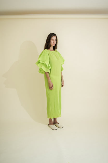 PLEATED & RUFFLED SLEEVES DRESS