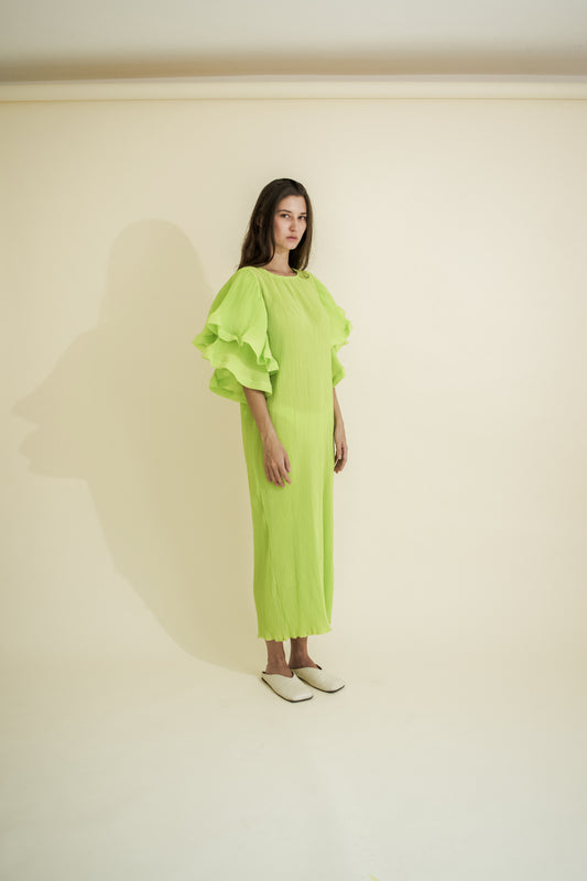 PLEATED & RUFFLED SLEEVES DRESS