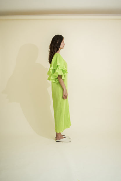 PLEATED & RUFFLED SLEEVES DRESS