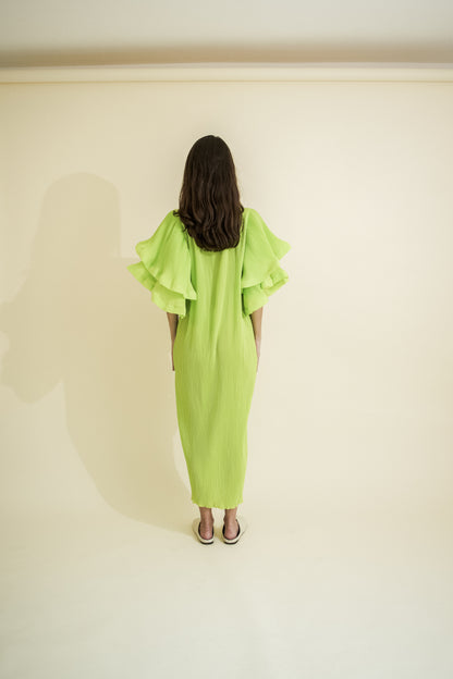 PLEATED & RUFFLED SLEEVES DRESS