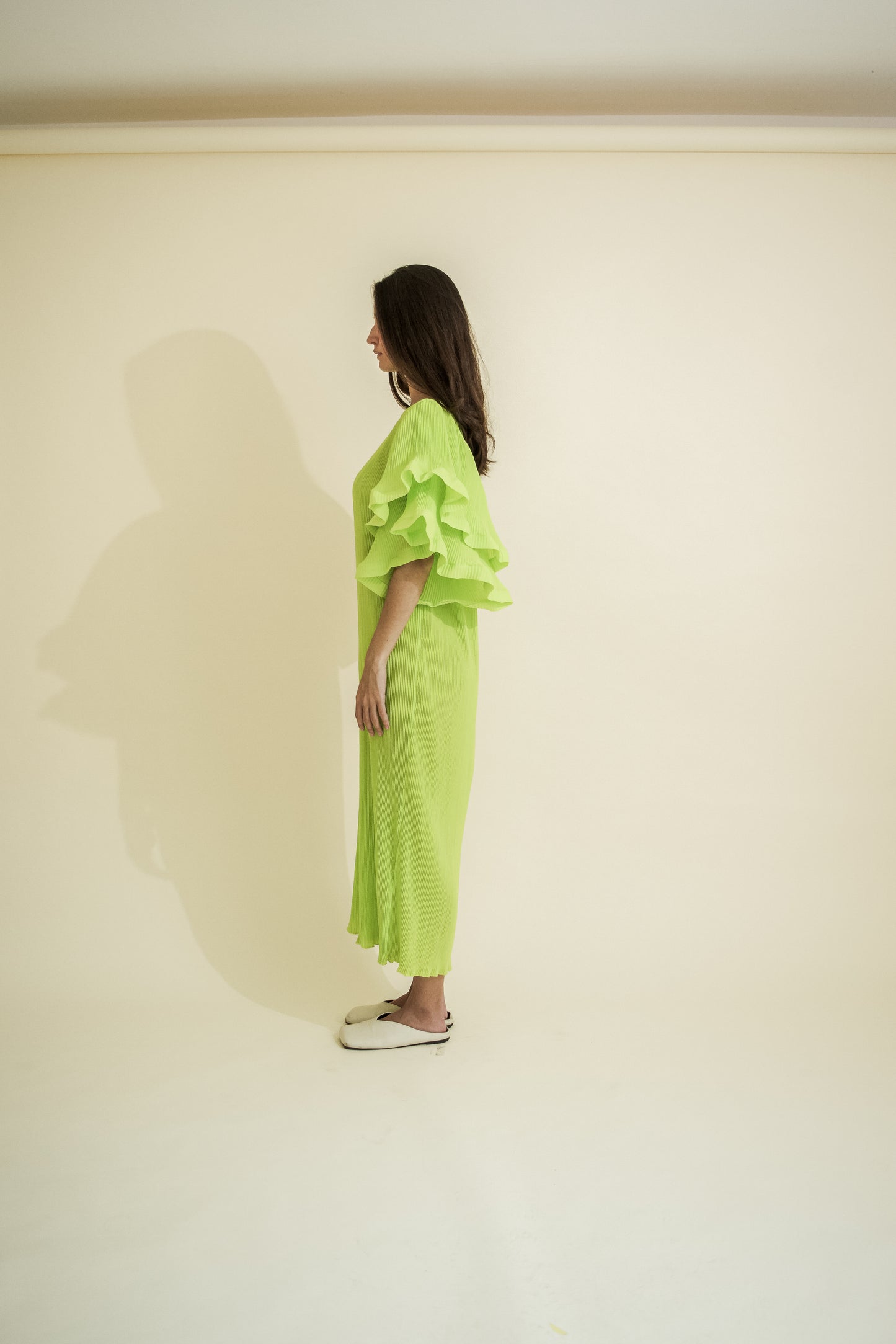 PLEATED & RUFFLED SLEEVES DRESS