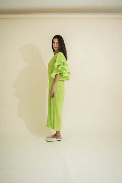 PLEATED & RUFFLED SLEEVES DRESS