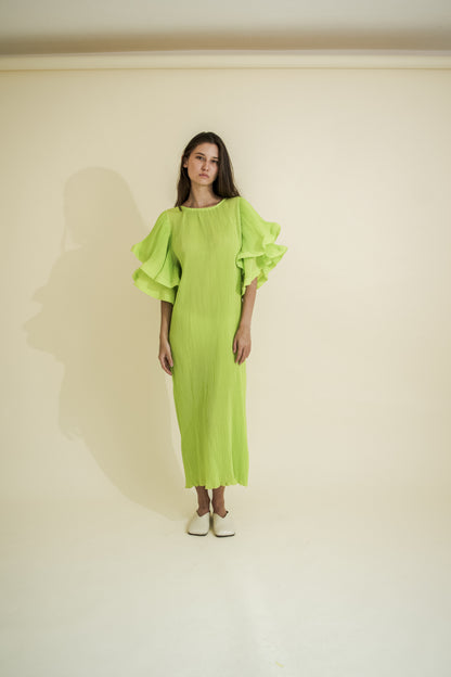 PLEATED & RUFFLED SLEEVES DRESS