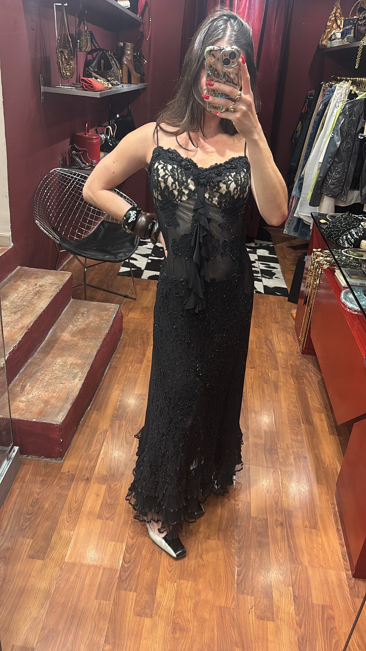 LONG LACE AND SEQUINS DRESS WITH TRANSPARENCY