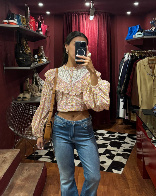 LOVESHACKFANCY FLORAL CROP TOP BALLOON SLEEVES  COTTAGACORE