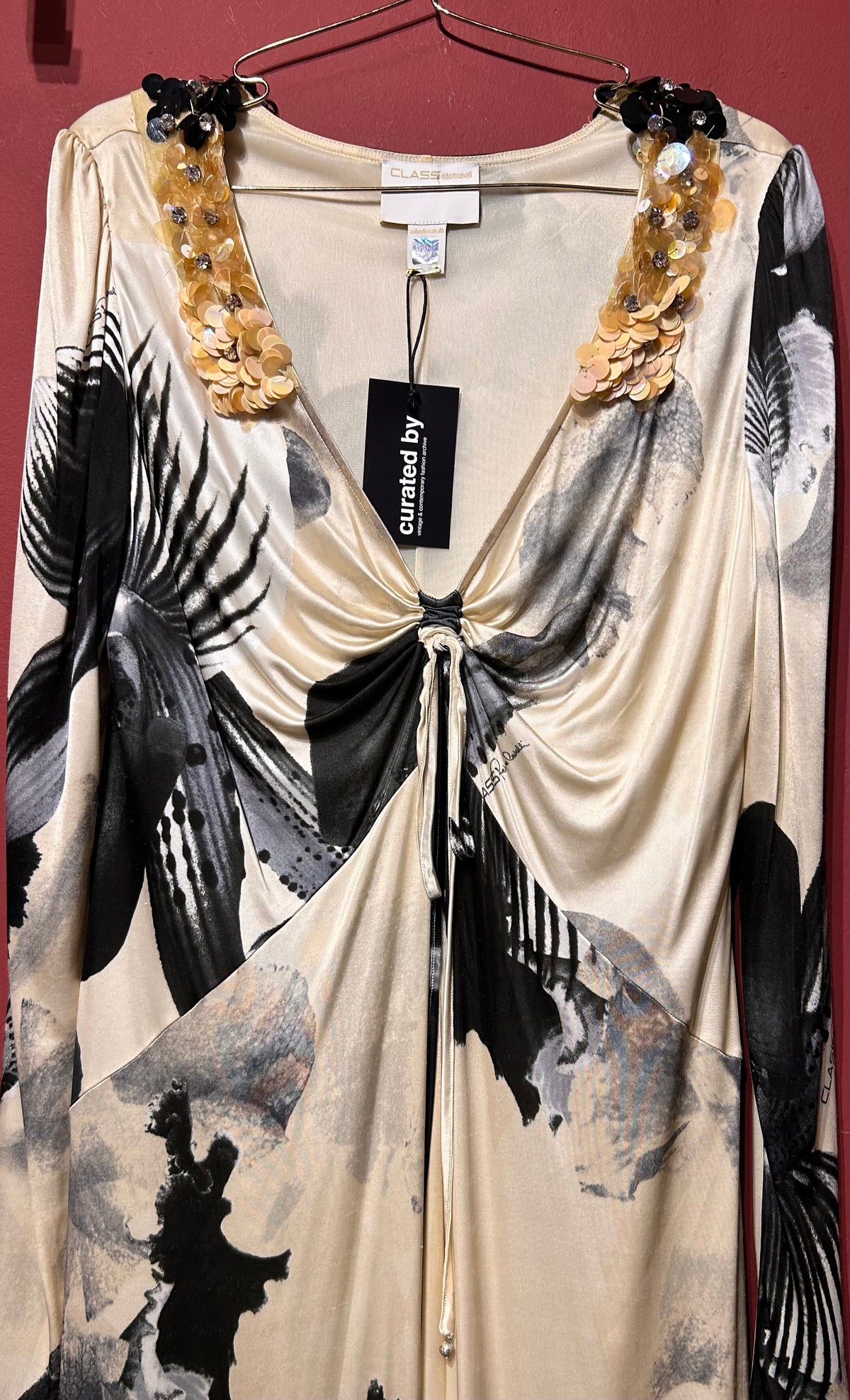 ROBERTO CAVALLI SEQUINS AND FLOWER PRINT V NECK DRESS
