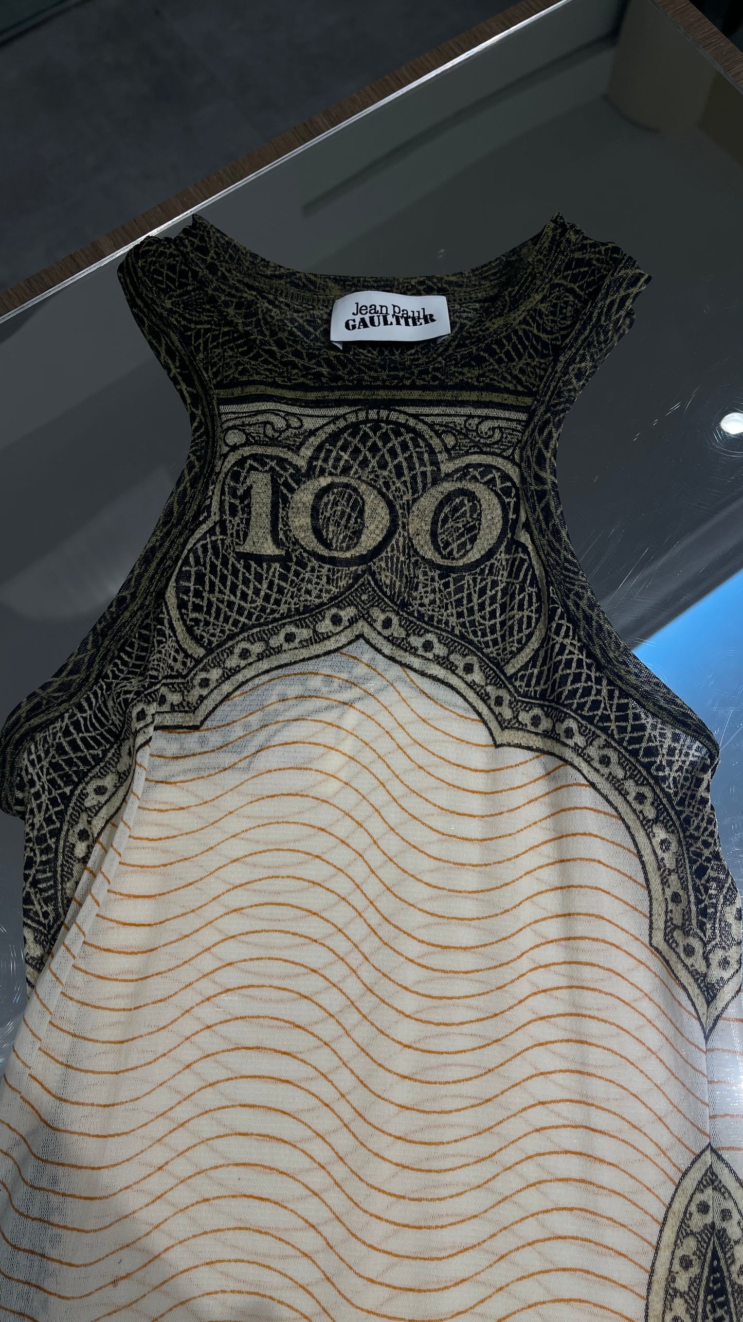JEAN PAUL GAULTIER MESH MONEY PRINT SHORT DRESS