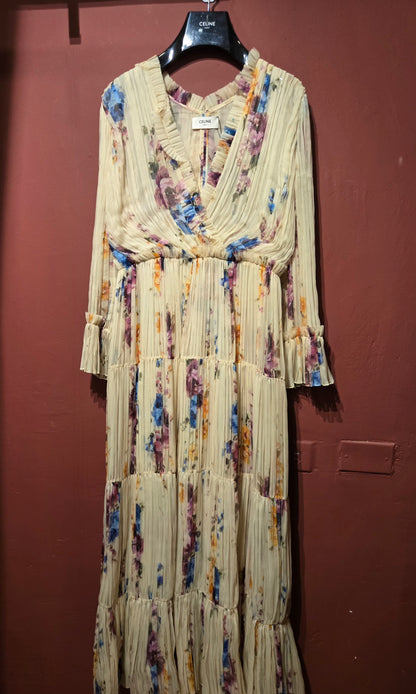 CELINE PLEATED FLORAL SILK DRESS