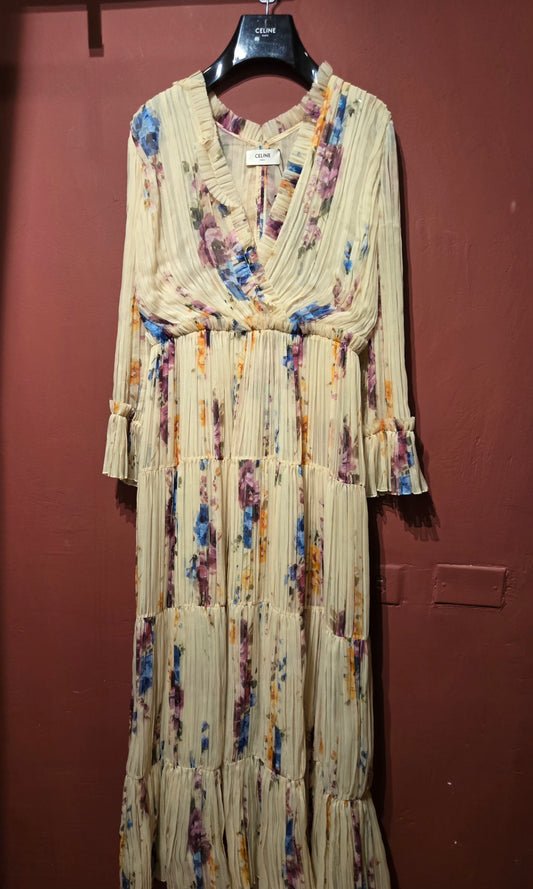 CELINE PLEATED FLORAL SILK DRESS