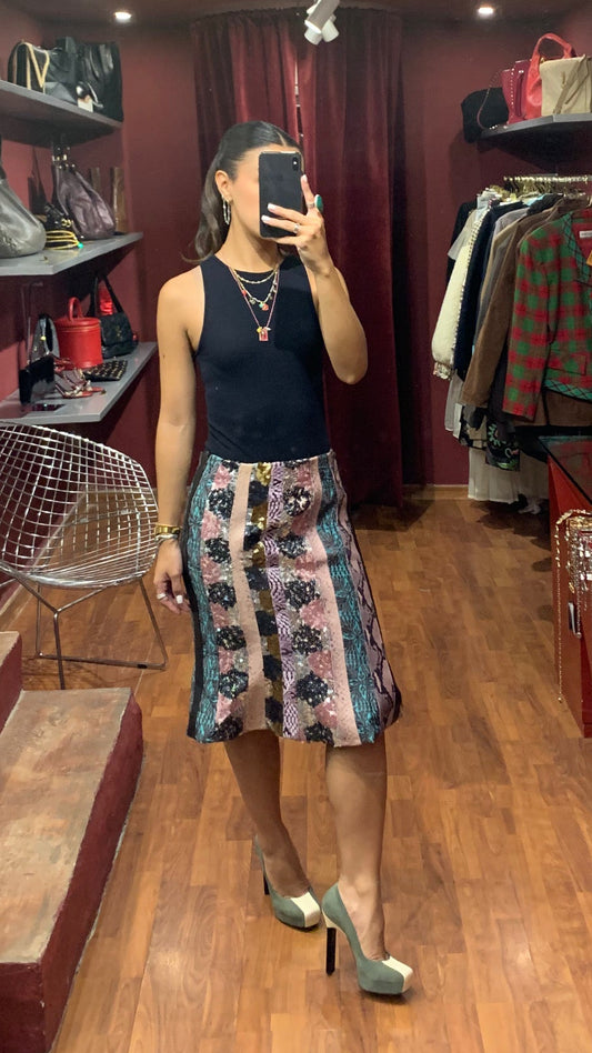 PATCHWORK SKIRT IN LEATHER, JACQUARD & PYTHON