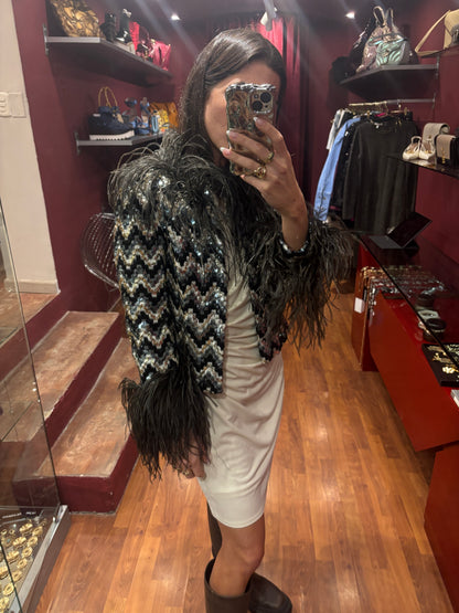 SHORT FEATHER AND SEQUINS JACKET
