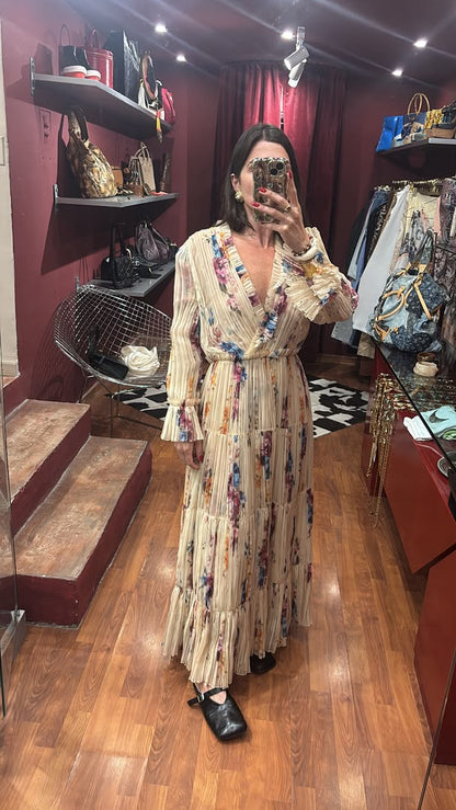 CELINE PLEATED FLORAL SILK DRESS