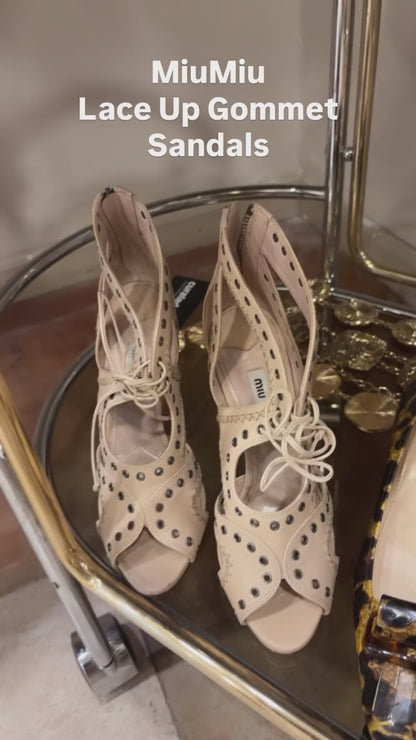 MIU MIU LACE-UP GROMMET SANDALS - SIZE 37
